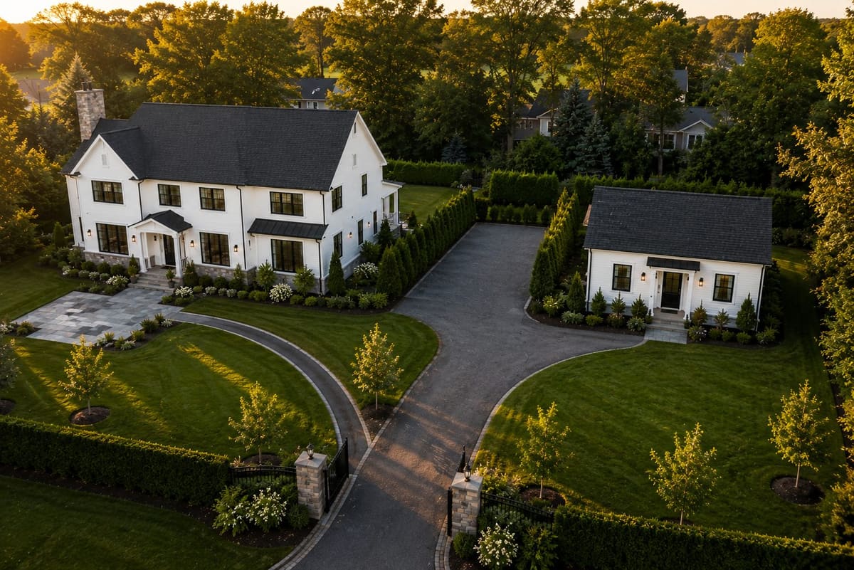 Aerial view of a Fairfield County home with a detached backyard ADU on the same property