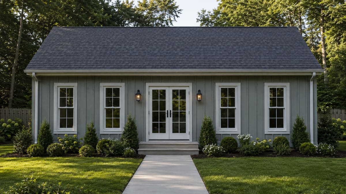 The Sherwood — two-bed, two-bath detached modular ADU exterior with black-framed windows